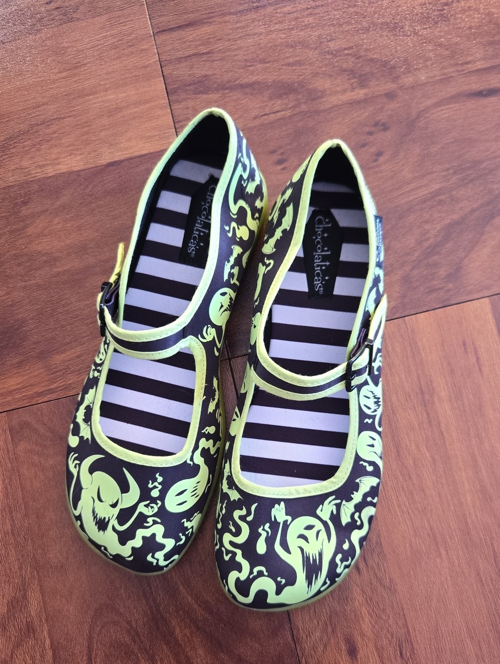 Hot Chocolate Design Black & Neon Green Ghost Print Mary Jane Flats W Sz 8/38